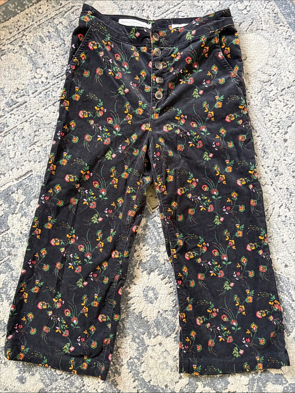 Anthropologie Black Floral Wide-Leg velvet floral crop kick pant